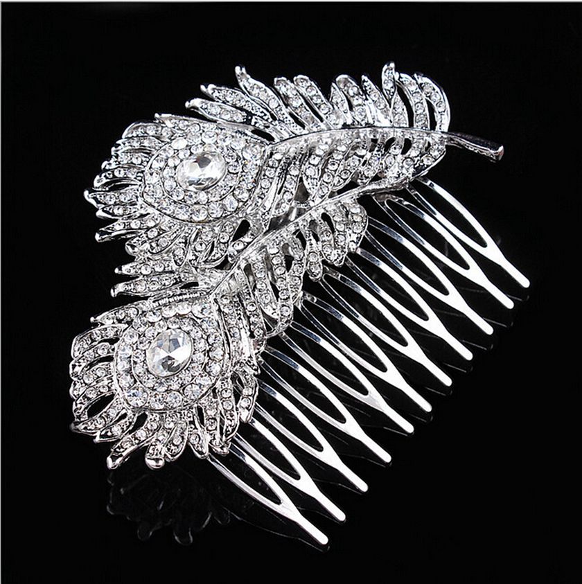 3.3 Inch Extra Large Vintage Look Rhodium Silver Tone Double Feather Bridal Hair Comb with Rhinestone Crystals