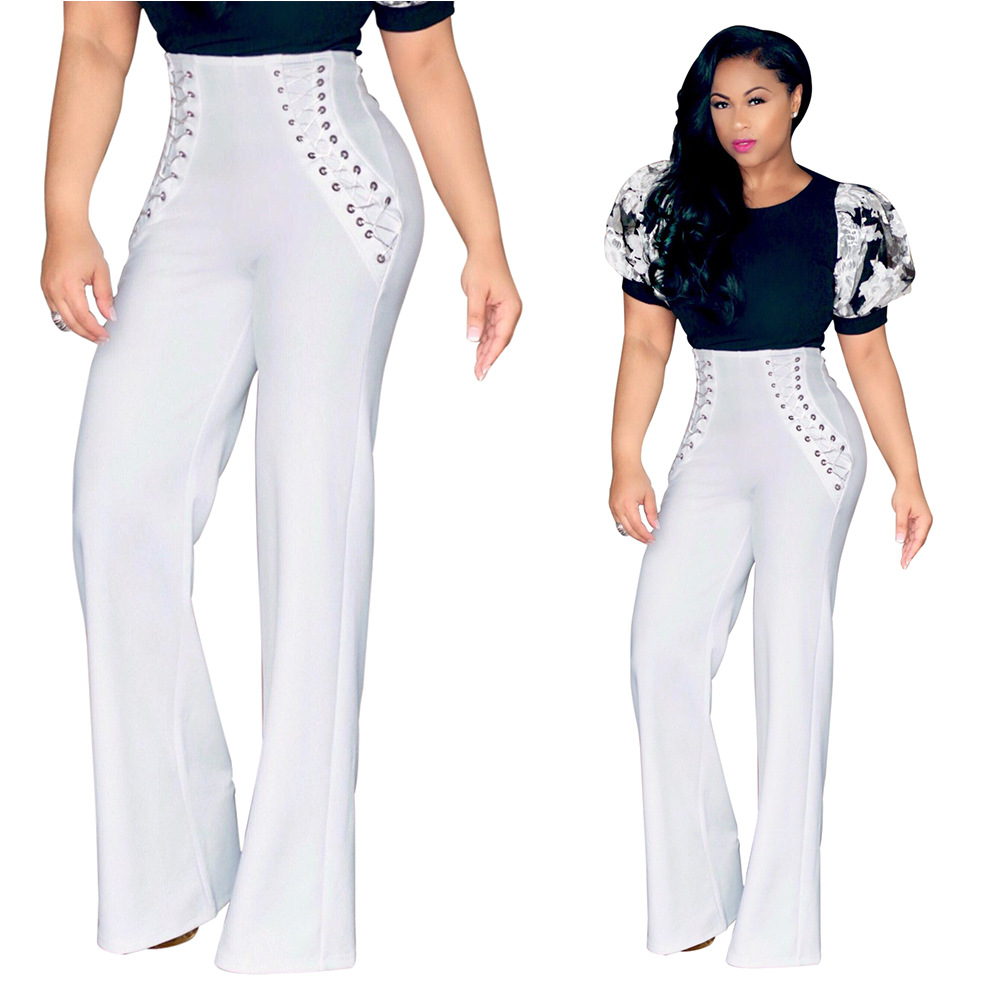 HAOYUAN Wide Leg Pants Autumn 2017 Women Palazzo High Waist Lace Up Cross Bandage OL Career Long Pants White Red Casual Trousers q1110