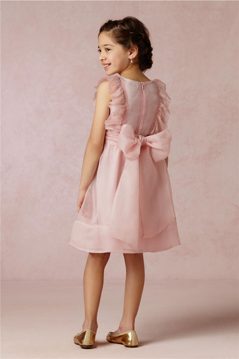 New Cute Pink A line Organza Girl's Flower Dresses with Bow Knee Length Baby Formal Occasion First Communion Skirt