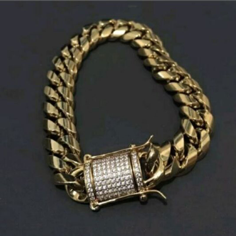 14mm Cool Mens Chain Gold Tone 316L Stainless Steel Necklace Curb Cuban Link Chain and Bracelets Set with Diamond Clasp Lock 2PCS
