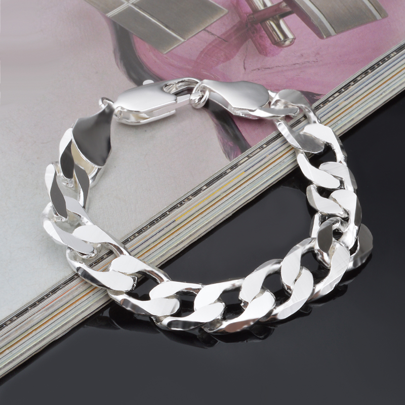 Free shipping trendy fashion high quality 925 silver Men's 12MM flat One Interval one Classic Bracelet jewelry holiday gift 1790