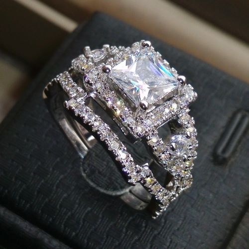 Princess Cut Sterg Sier Topaz Wedding Ring Set for Women, Christmas Jewelry Gift