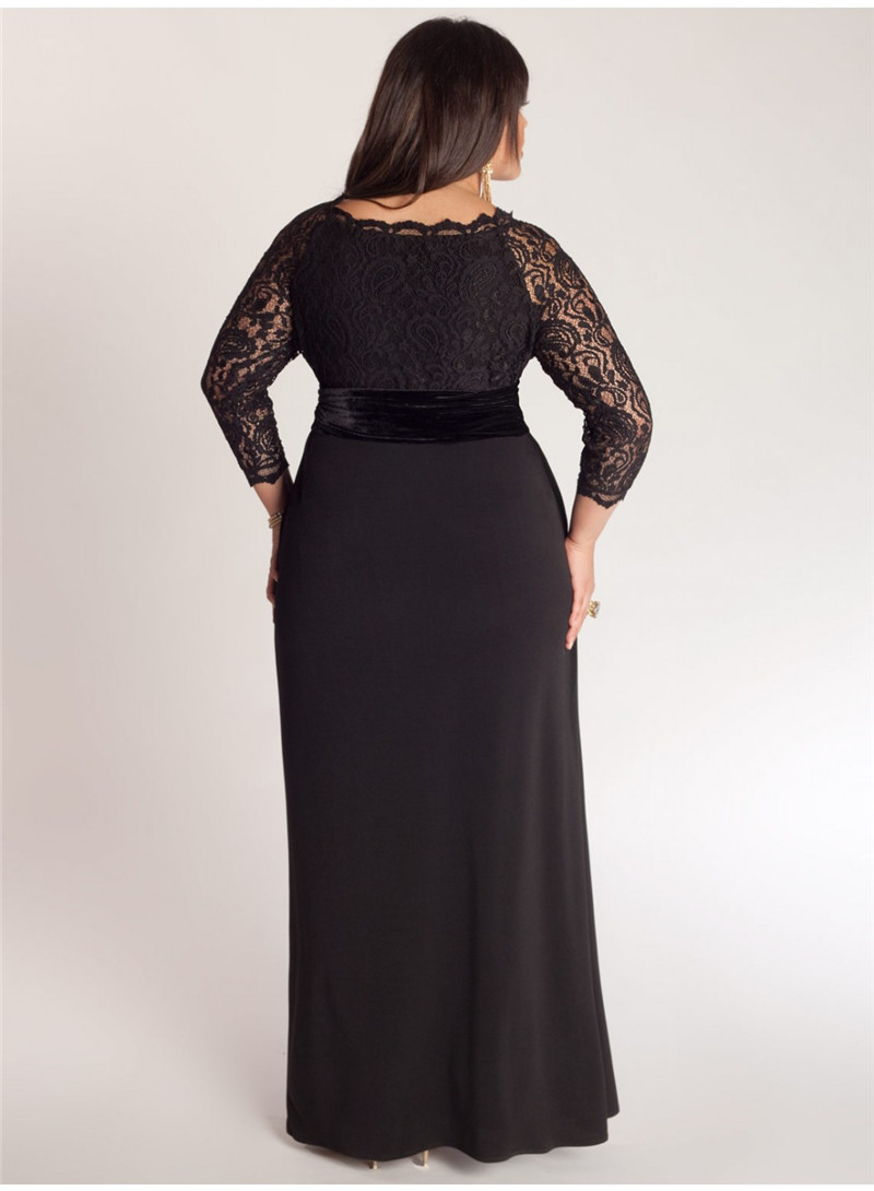 Elegant A-Line Plus Size Special Occasion Dresses Lace Top Sash Off-Shoulder V-Neck 3/4 Long Sleeve Ankle-Length Ladies Formal Prom Gowns