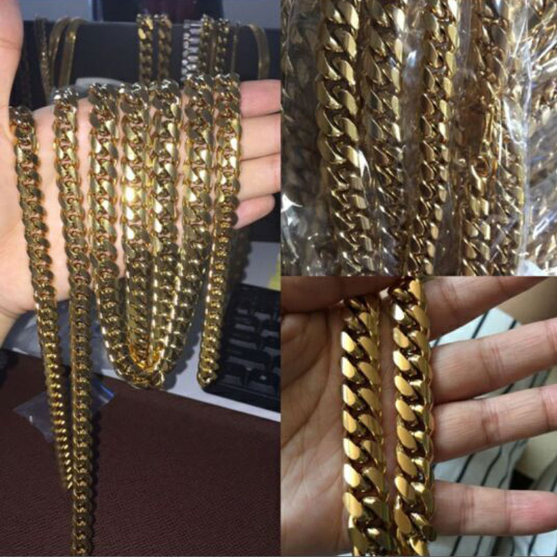 14mm Cool Mens Chain Gold Tone 316L Stainless Steel Necklace Curb Cuban Link Chain and Bracelets Set with Diamond Clasp Lock 2PCS