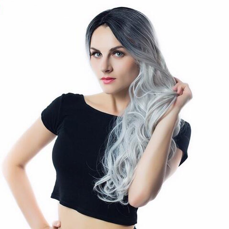Long Hair Wigs High Density Temperature Swiss Hair Synthetic Wigs Ombre Grey Color Cosplay Wigs For Black/White Women
