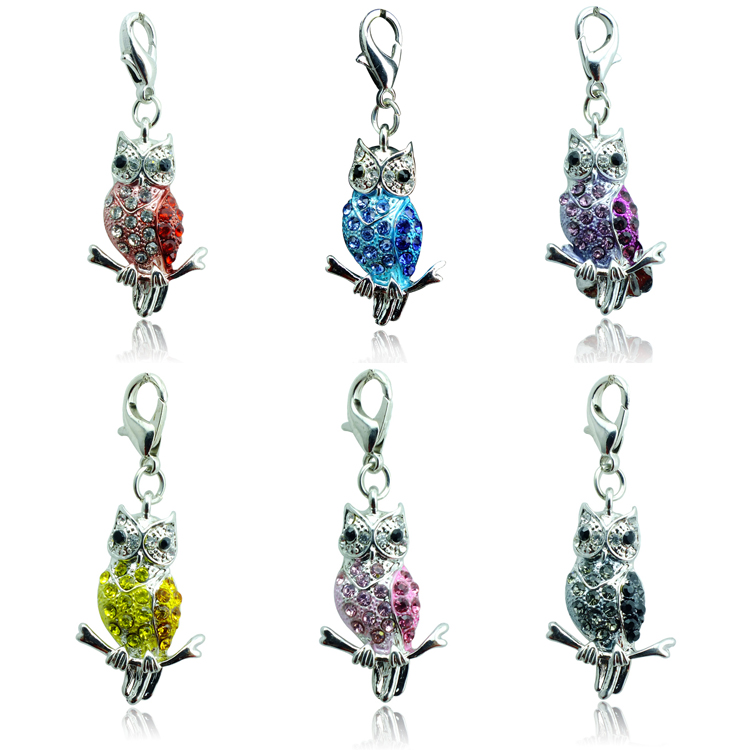 Hot Sale Fashion Floating Charms Lobster Clasp 5 Color Rhinestone Owl Charms DIY Accessories Jewelry Mix Order