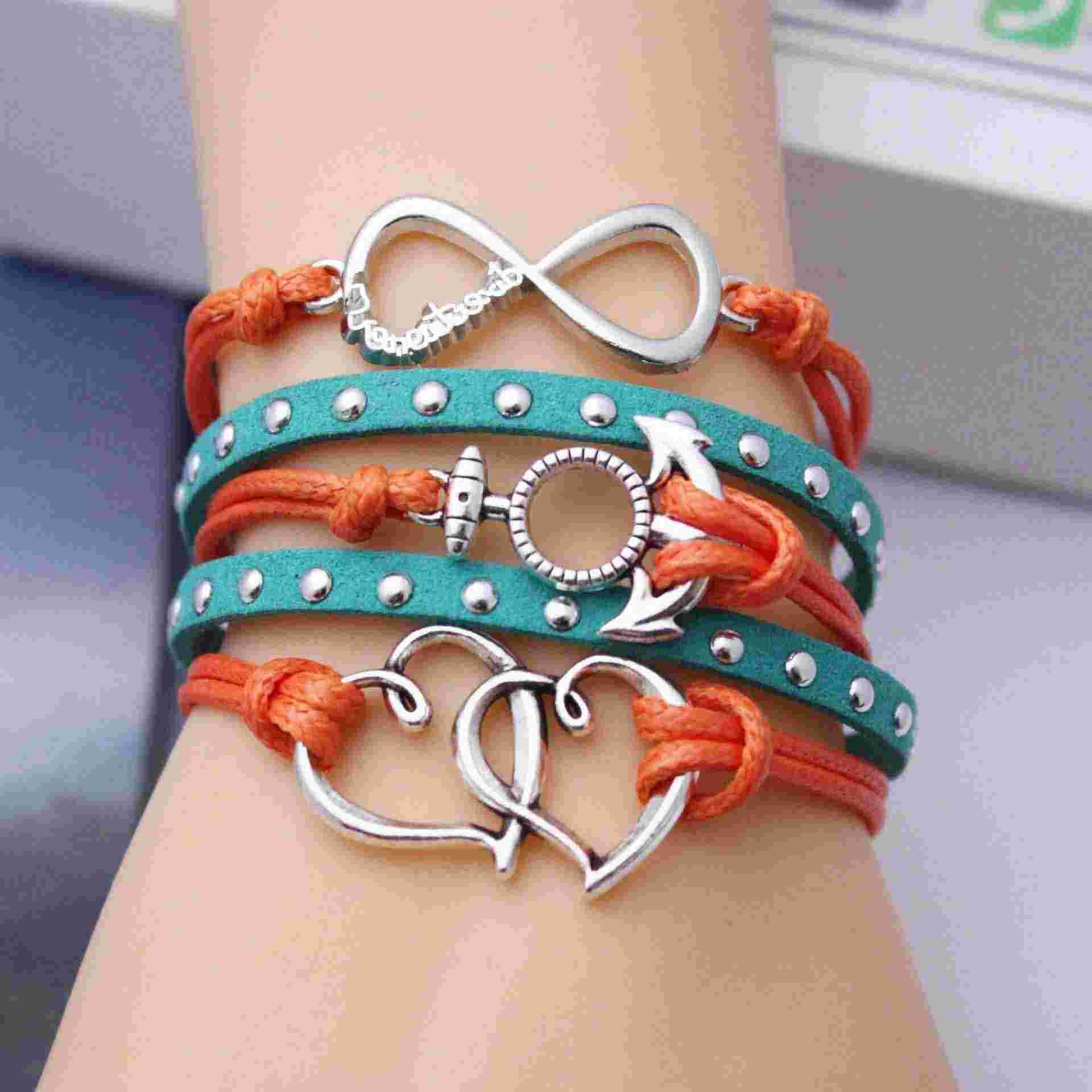 fashion bracelet Heart bright multi- bracelets ashion Jewelry Leather Cord Love Friendship Infinity Charm Bracelet Silver lots Mixed style