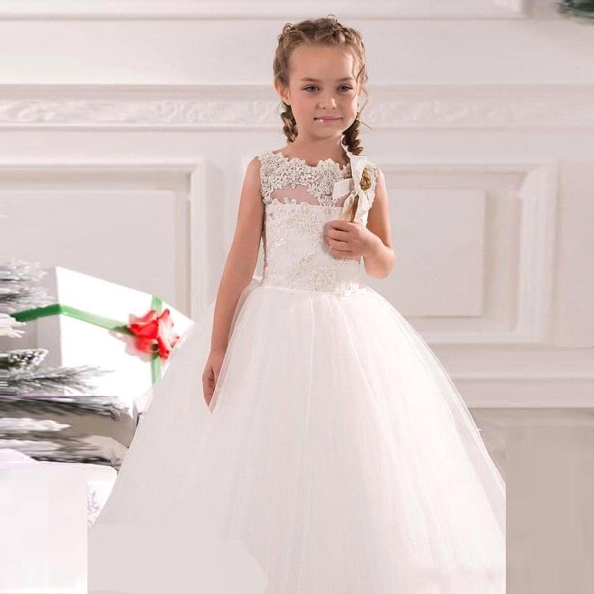 White Ivory First Communion Dresses Cute Little Girls pageant Dresses Tulle Ball Gown Floor Length Flower Girls Dresses BO9379