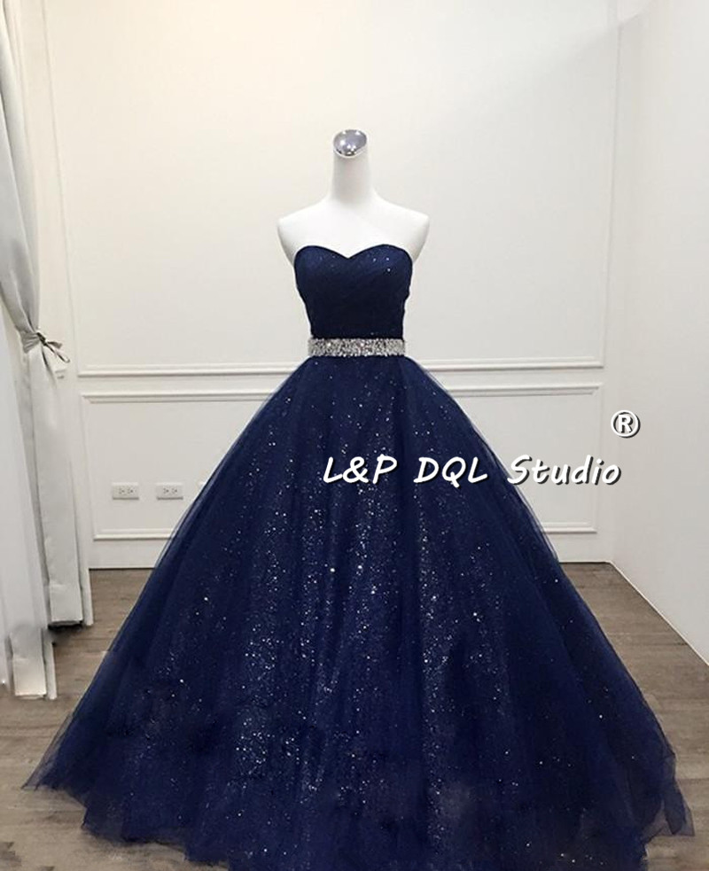 Stunning Navy Blue Ball Gown Prom Dress Bling Bling Quinceanera Dress Shining Sash Long vestidos festa Formal