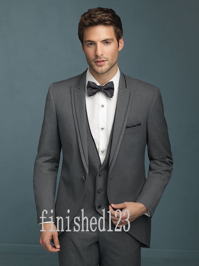 Custom Made One Button Grey Groom Tuxedos Peak Lapel Groomsmen Best Man Wedding Prom Dinner Suits (Jacket+Pants+Vest+Tie) G5171