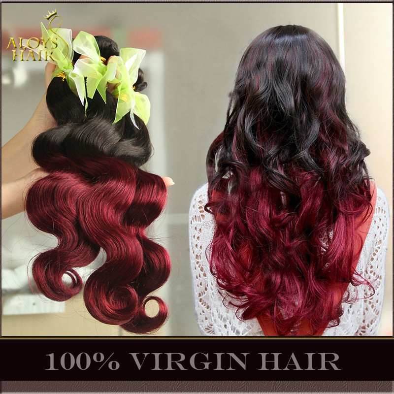 

Ombre Brazilian Body Wave Human Hair Weave Bundles Ombre Virgin Human Hair Extensions Wefts Two Toned 1B/99J Burgundy Wine Red Tangle Free, 2 tone 1b/99j