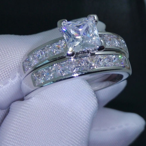 Luxury Size 5/6/7/8/9/10 Jewelry 10kt white gold filled Topaz Princess cut simulated Diamond Wedding Ring set gift with box