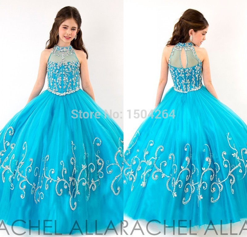 2020 Ball Gown Child Party Dresses Long Appliques Sky Blue Children Flower Girl Dress For Weddings High Neck Vestido De Daminha