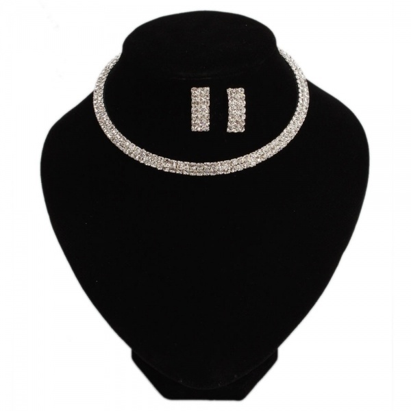 Women Fashion Jewelry Three Triple Rows Rhinestone Bling Bling Silver Necklace Choker Earring Set for Wedding Bridals
