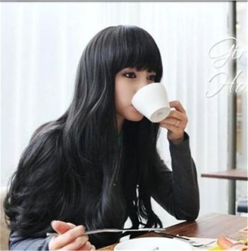 long curly wig brown black wavy natural wigs with bangs high temperature silk synthetic fiber hair women