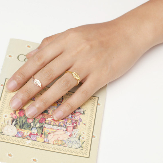 10PCS- R031 Gold Silver Simple Nature Leaf Ring Cute Olive Maple Plant Tree Leaf Ring Feather Ring Vine Rings for Ladies Women