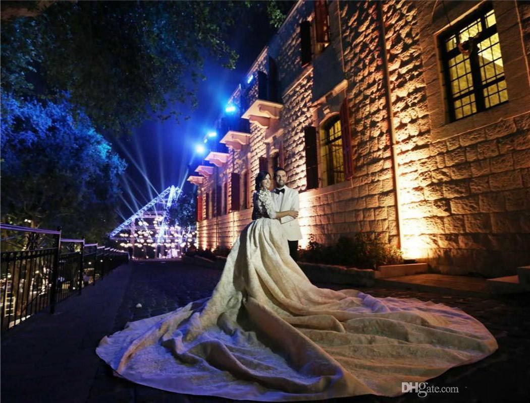 Royal Lace Vintage Bridal Wedding Dresses Long Sleeve Applique Handmade Flowers Ruched Wedding Gown Detachable Cathdral Train Bride Gowns