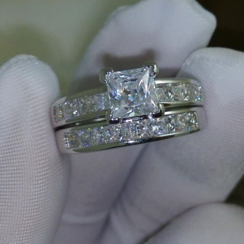 Luxury Size 5/6/7/8/9/10 Jewelry 10kt white gold filled Topaz Princess cut simulated Diamond Wedding Ring set gift with box