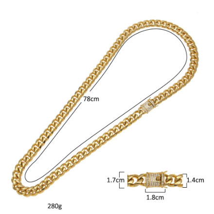 14mm Cool Mens Chain Gold Tone 316L Stainless Steel Necklace Curb Cuban Link Chain and Bracelets Set with Diamond Clasp Lock 2PCS