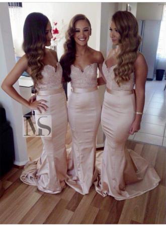 Blush Pink Lace Long Bridesmaid 2016 Sweetheart Neckline Madrinha Brush Train Formal Party Evening Dresses Vestido Longo 0510