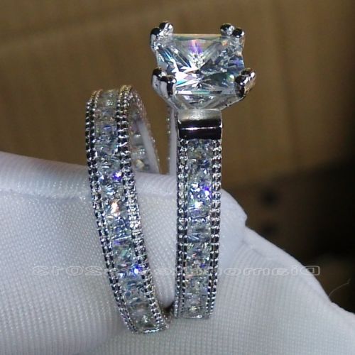 Size 5-10 Retro Princess Cut 14k white gold filled topaz simulated dias Wedding Ring set mother's day gift with box
