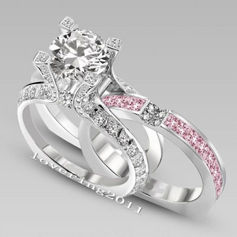 SZ5-11 Luxury wholesale Professional fashion jewelry 10kt white gold filled Gf pink topaz Wedding Engagement Band Ring set gift