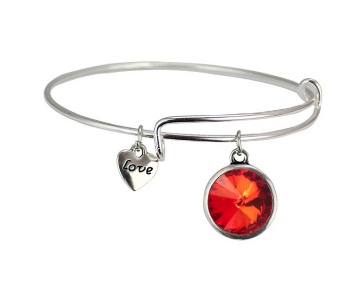 Women Bangle silver bangles birthstone crystal bangle adjustable expandable wire love heart bracelet girls birth stone jewelry