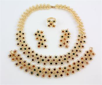 Brand New Fashion Unique Design 18K Gold Plated Colorful Crystal Statement Necklace Bracelet Earring Ring Wedding Jewelry sets