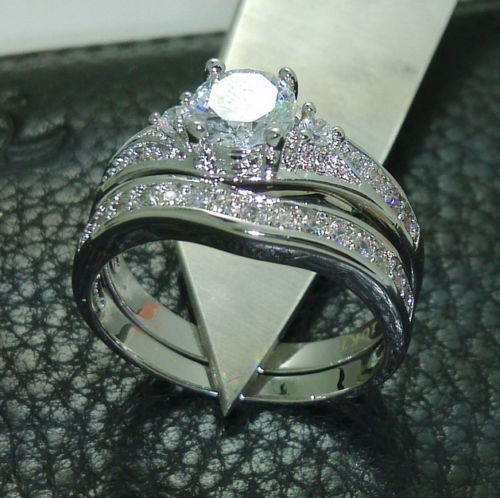 10kt Gold Filled White Topaz Wedding Ring Set - Retro Style, US Size 6-10