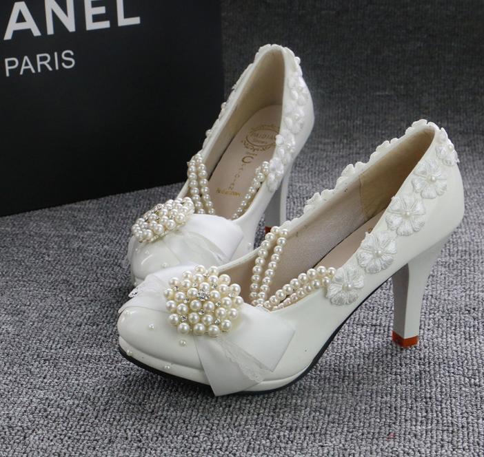 White Beaded Pearls wedding shoes Round Toe High heel Applique Summer Sandles bridal shoes accessories