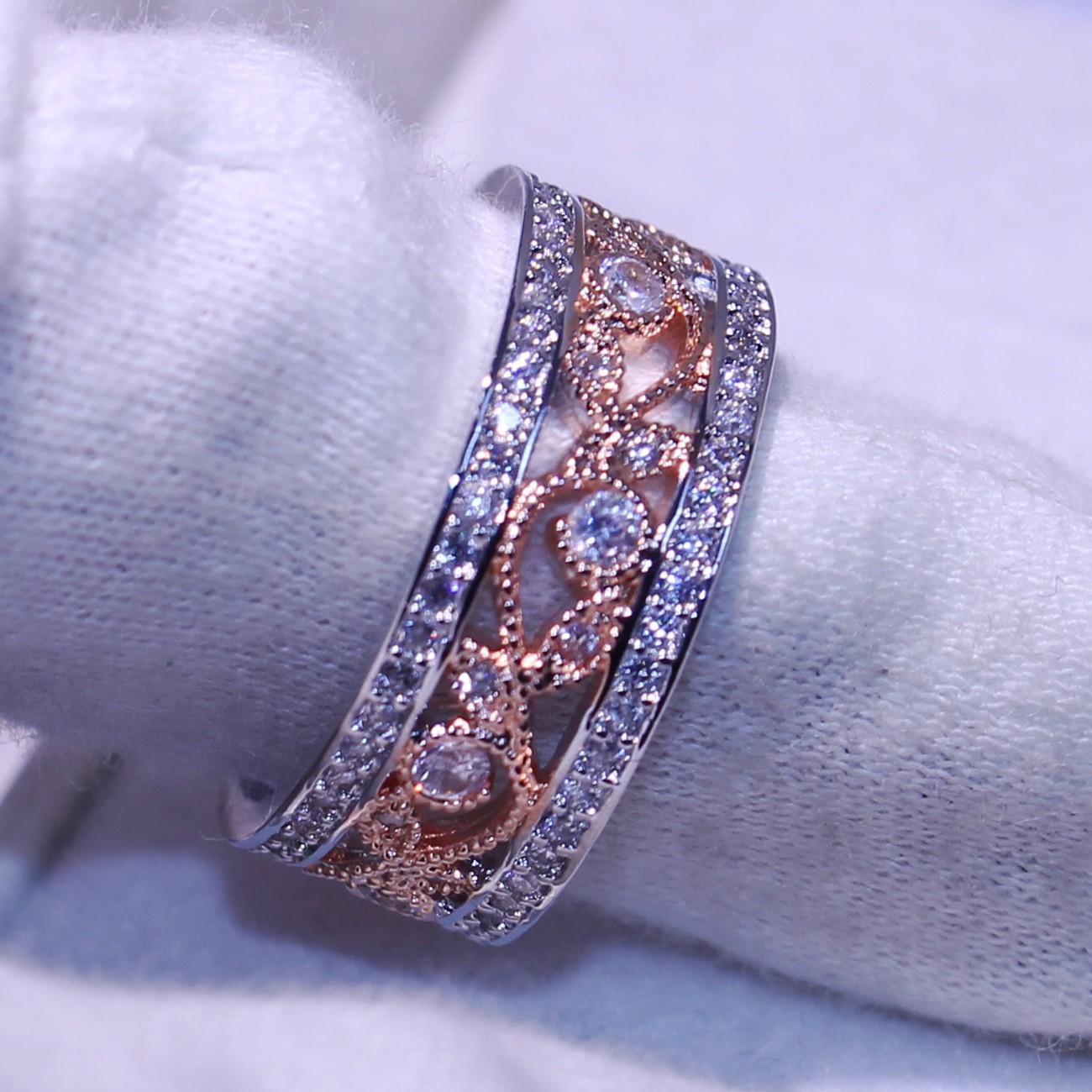 Sterg Sier Leaf Ring for Women - Rose Gold Filled 5A CZ Crystal Wedding Band with Gift Box
