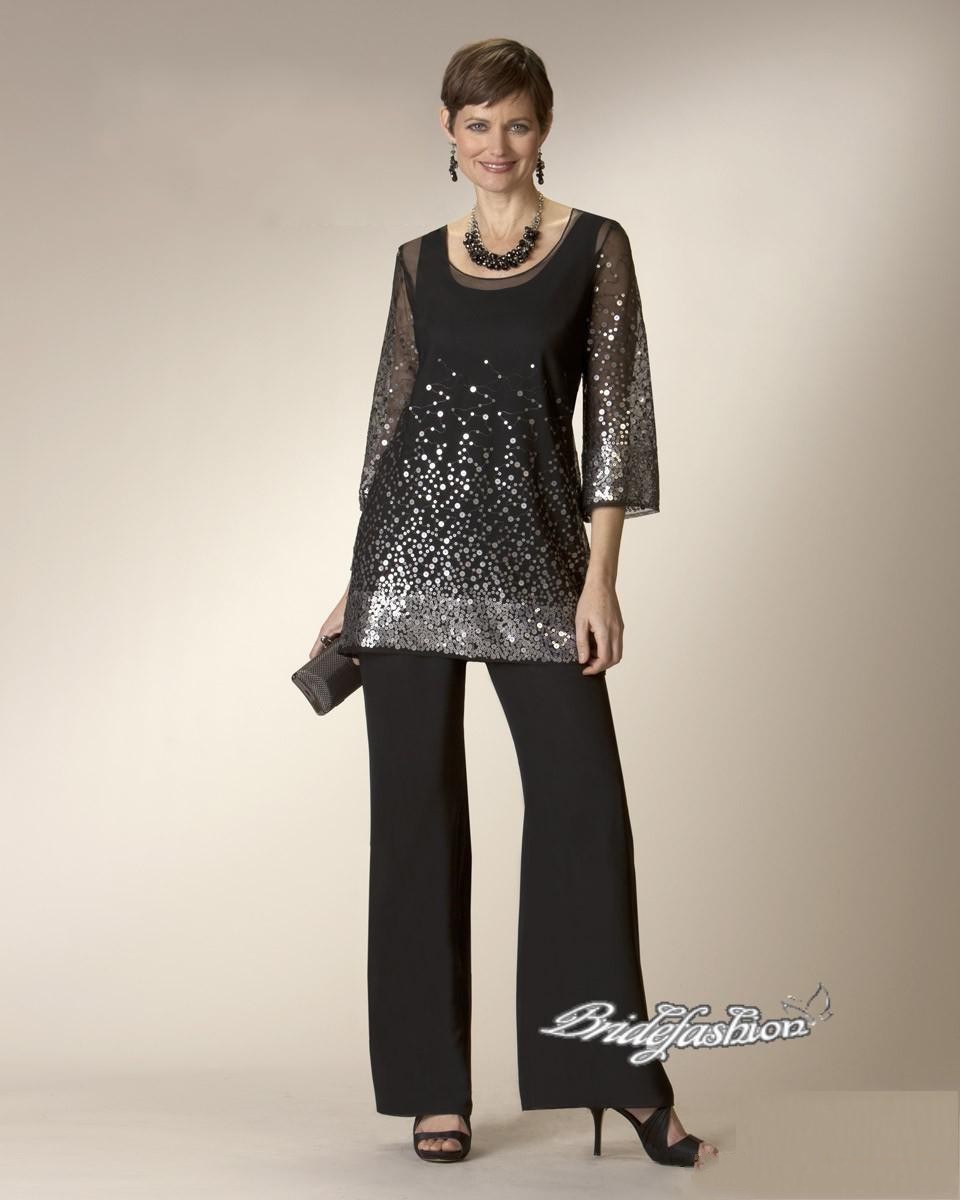 2019 New Glaring Black Twe Pieces Mother of the Bride Dresses With Pant Suits Sequins Wedding Party Guest Gowns Beaded Evening Dress 120