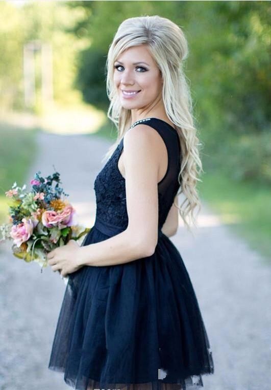2018 New Sexy Country Short Bridesmaid Dresses Navy Blue Jewel Neck Lace Appliques Beaded Plus Size Maid of Honor Bridal Wedding Party Gowns