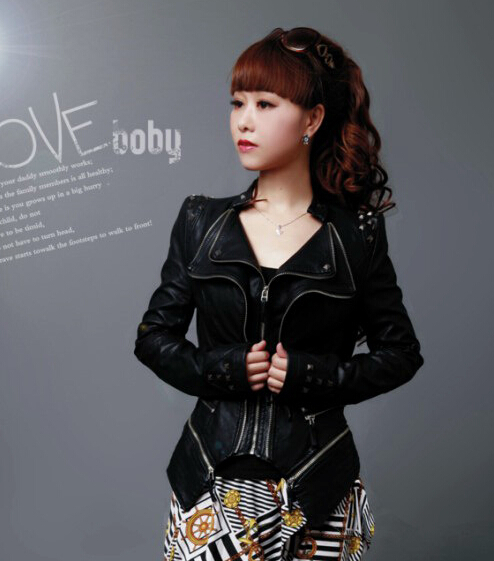 Wholesale-New Womens Punk Spike Studded Shoulder PU Leather Jacket Zipper Coat Size s XL