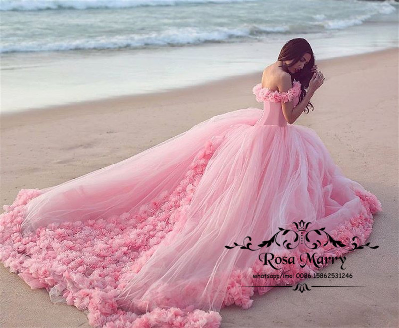 Princess Pink 3D Floral Ball Gown Wedding Dresses 2020 Off Shoulder Flower Plus Size Puffy Tulle Country Beach Dubai Bridal Quinceanera Gown