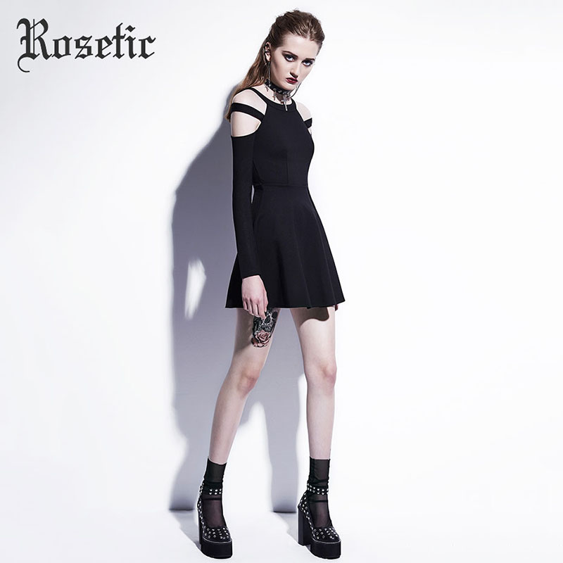 Wholesale- Rosetic Gothic Mini Dress Black Fashion Hollow Autumn Women Casual Dress Dark Street Wild Sexy Preppy A-Line Goth Mini Dresses