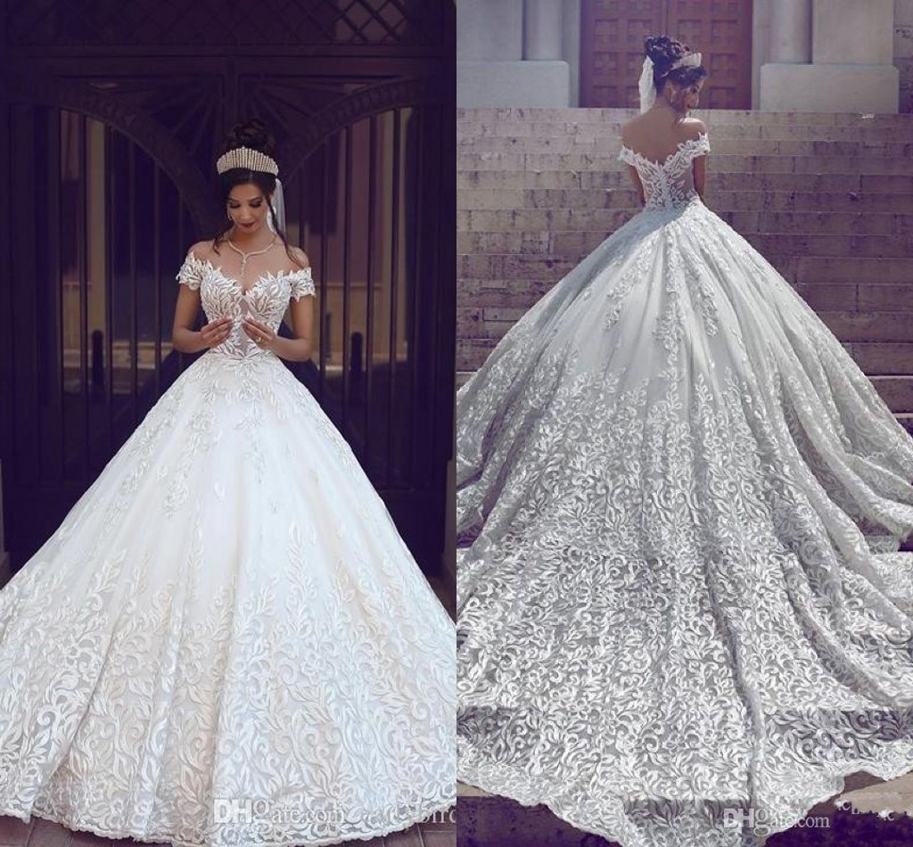 2018 Hot Arabic Wedding Dresses A Line Cap Sleeves Off Shoulder Full Lace Appliques Open Back Chapel Train Plus Size Formal Bridal Gowns, White
2018 Hot Arabic Wedding Dresses A Line Cap Sleeves Off Shoulder Full Lace Appliques Open Back Chapel Train Plus Size Formal Bridal Gowns, White