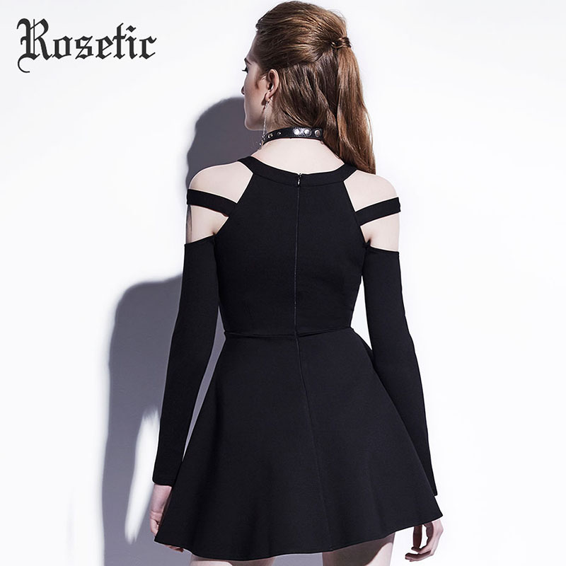 Wholesale- Rosetic Gothic Mini Dress Black Fashion Hollow Autumn Women Casual Dress Dark Street Wild Sexy Preppy A-Line Goth Mini Dresses