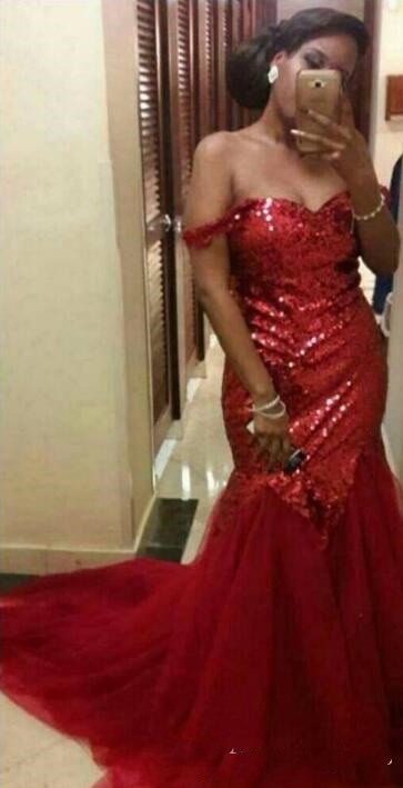 Sparkly Red Sequin Mermaid Prom Sexy Gowns Long Evening Party Off The Shoulder Graduation Dresses Tulle Train 0510