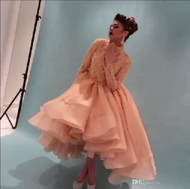 2022 Myriam Fares Celebrity Dresses With Long Sleeves Prom Dress Beaded Lace Party Dresses High Neck High Low Arabia Cocktail Evening Gown