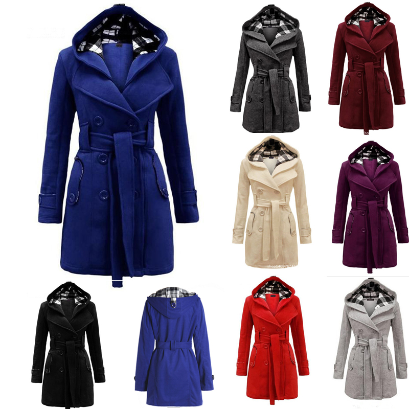 Women's Jackets Wholesale- LOHILL 2021 Womens Fashion Woolen Double Breasted Pea Coat Casual Hoodie Winter Warm Jacket1