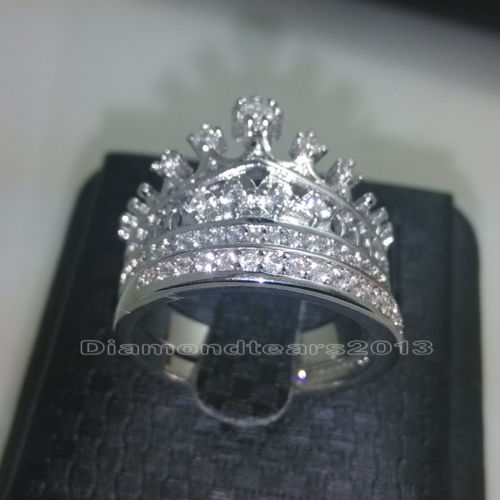 Vintage Sterg Sier Filled White Topaz Wedding Crown Ring Set Gift, Size 5-10