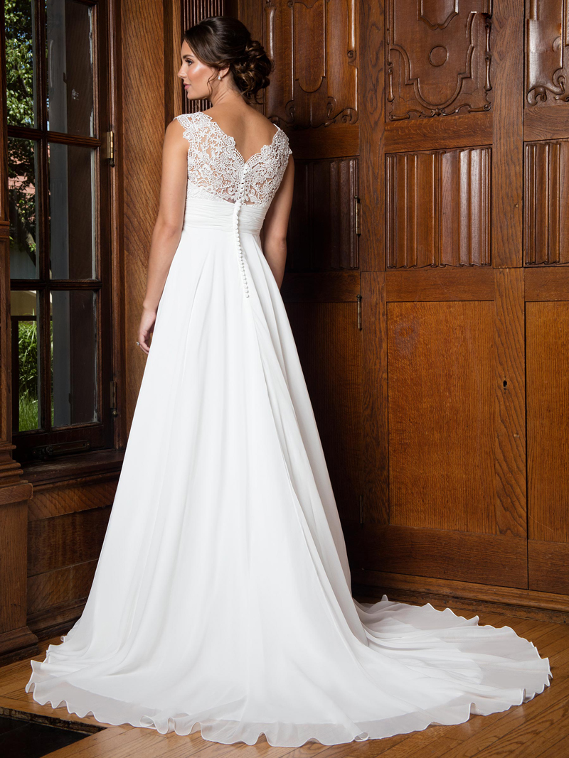 A-line wedding gown features lace top, chiffon skirt, V-neck, pleated empire waist line Bridal Gowns wedding dress