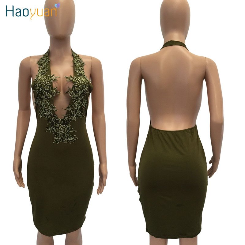 HAOYUAN Halter Deep-V Sexy Party Dresses 2017 Black Embroidery Backless Off Shoulder Dress Sleeveless Women Summer Bodycon Dress q1110
