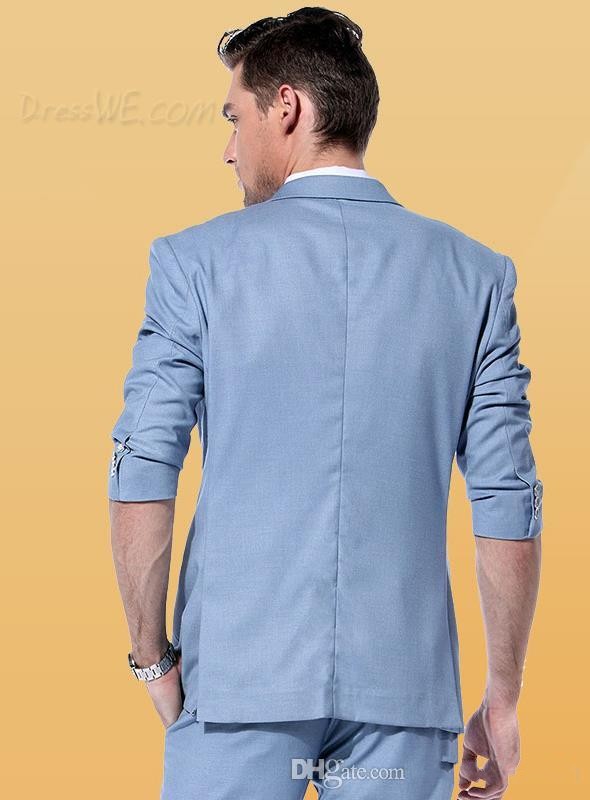 Handsome Sky Blue Side Vent Groom Tuxedos Men Wedding Tuxedos Notched Lapel One Button Men Dinner Prom Business Blazer(Jacket+Pants+Tie)1665