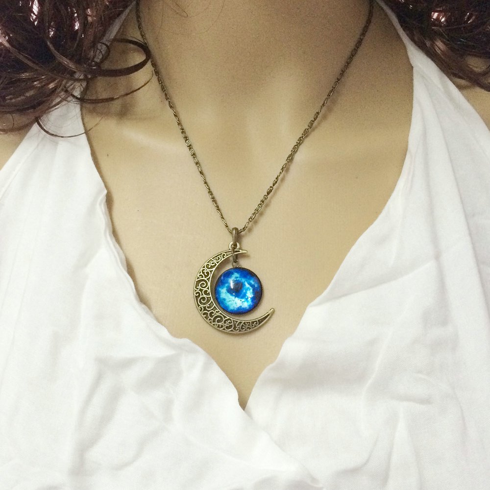 Moon Pendant Necklace Brand Fashion Jewelry Galaxy Glass cabochon vintage bronze Chain statement necklace women accessories