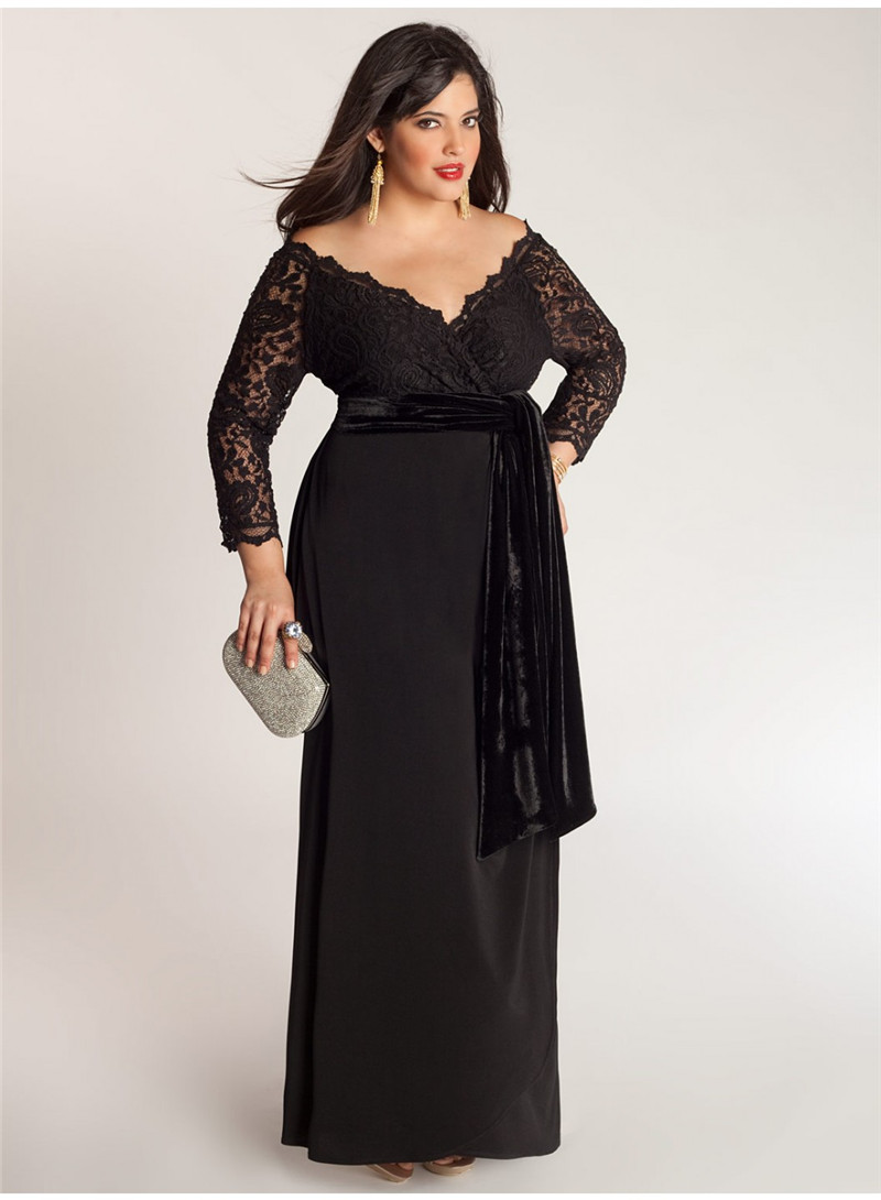 Elegant A-Line Plus Size Special Occasion Dresses Lace Top Sash Off-Shoulder V-Neck 3/4 Long Sleeve Ankle-Length Ladies Formal Prom Gowns