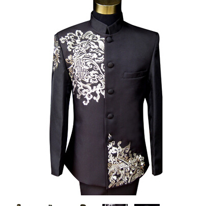Wholesale-New Fashion Chinese Style Wedding Dress Black/Blue/Red Embroidery Male Tunic Suit Groom Wedding Suits Terno Masculino