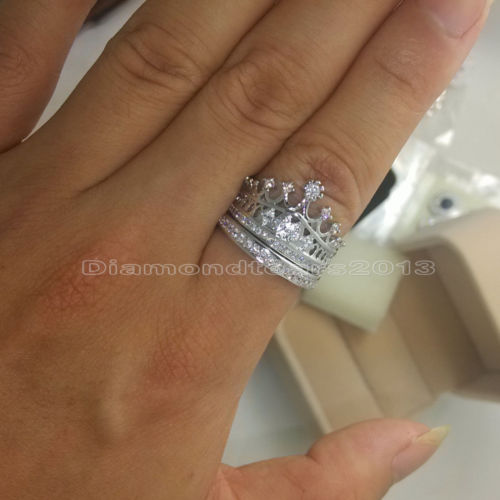 Vintage Sterg Sier Filled White Topaz Wedding Crown Ring Set Gift, Size 5-10