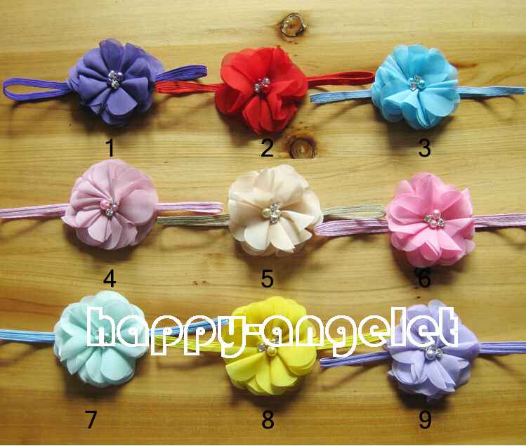 40pcs 3" Chiffon hair bow flower hair accessories kids baby pearl lace applique stretchy Ropes Elastic Headband skinny hair band PJ5212